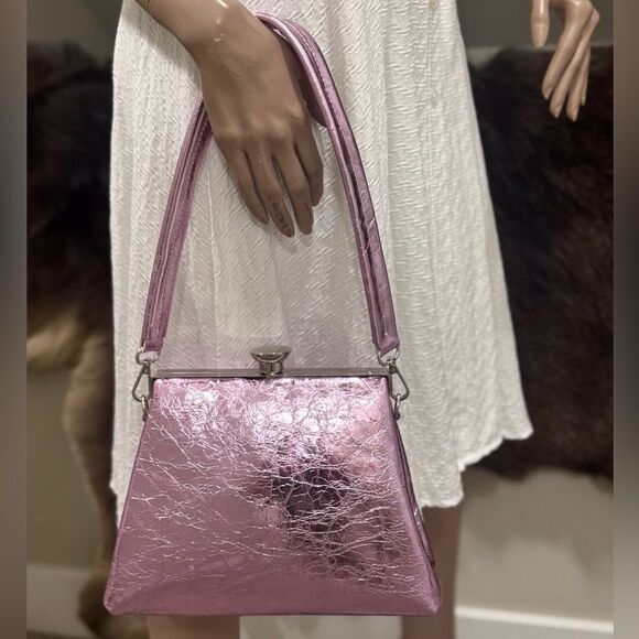 Metallic Pink Genuine Leather Handmade Push Lock Box Bag, Multi Use Style - Picture 5 of 15